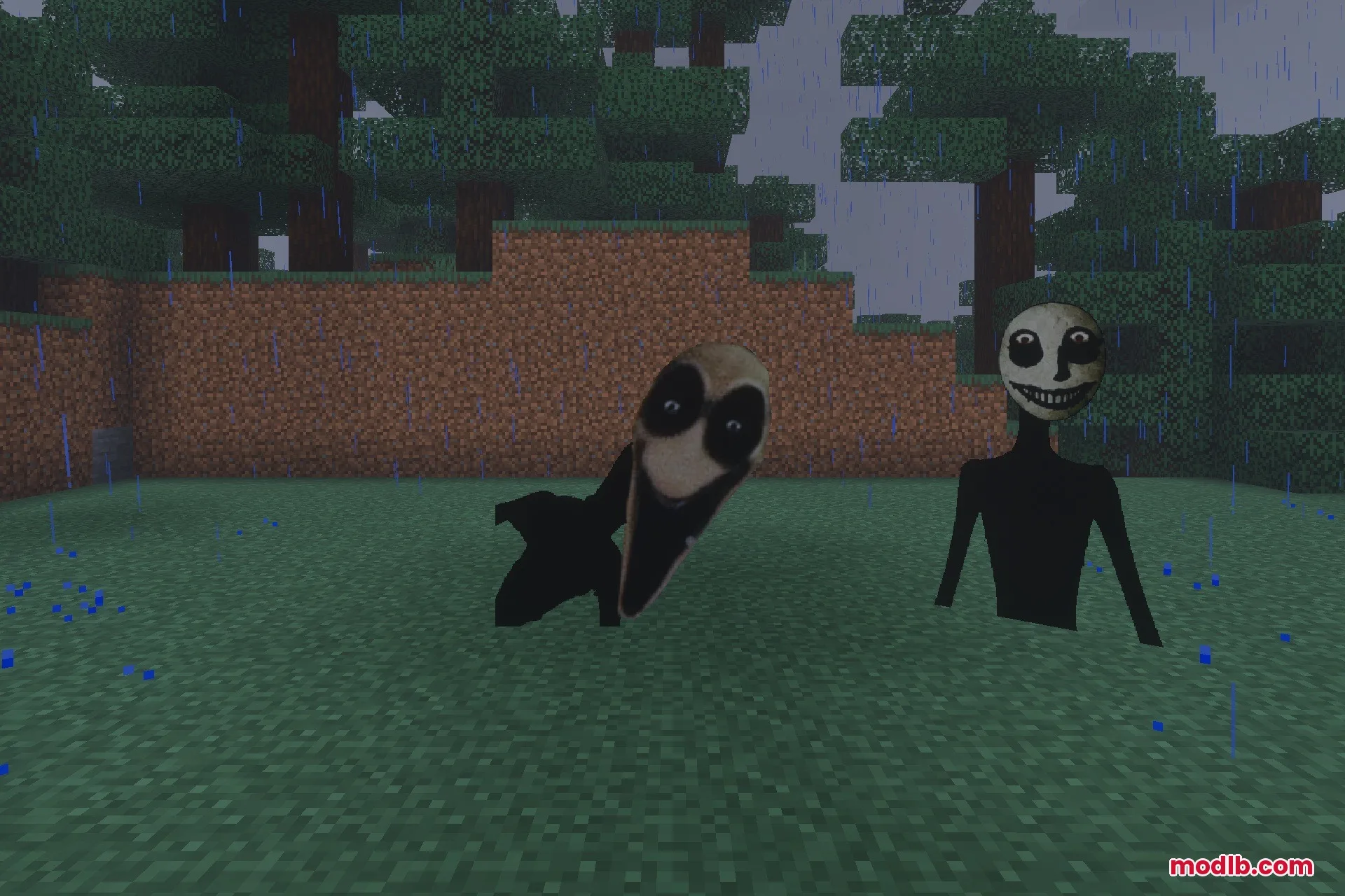 The Twixxel's Stalkers MCBE With Advanced AI Addon Screenshot 3 Two eerie humanoid stalkers with distorted faces standing in a rainy forest