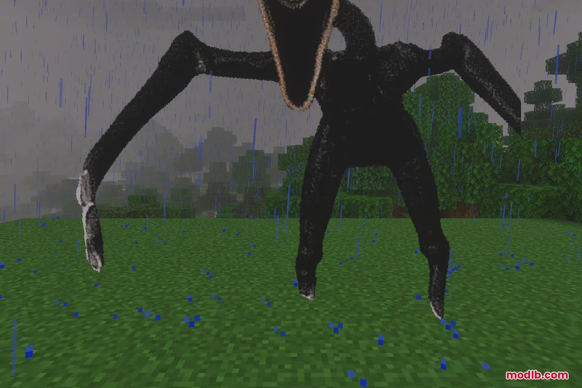 The Twixxel's Stalkers MCBE With Advanced AI Addon Screenshot 5 A tall black stalker entity with a gaping mouth standing in the rain