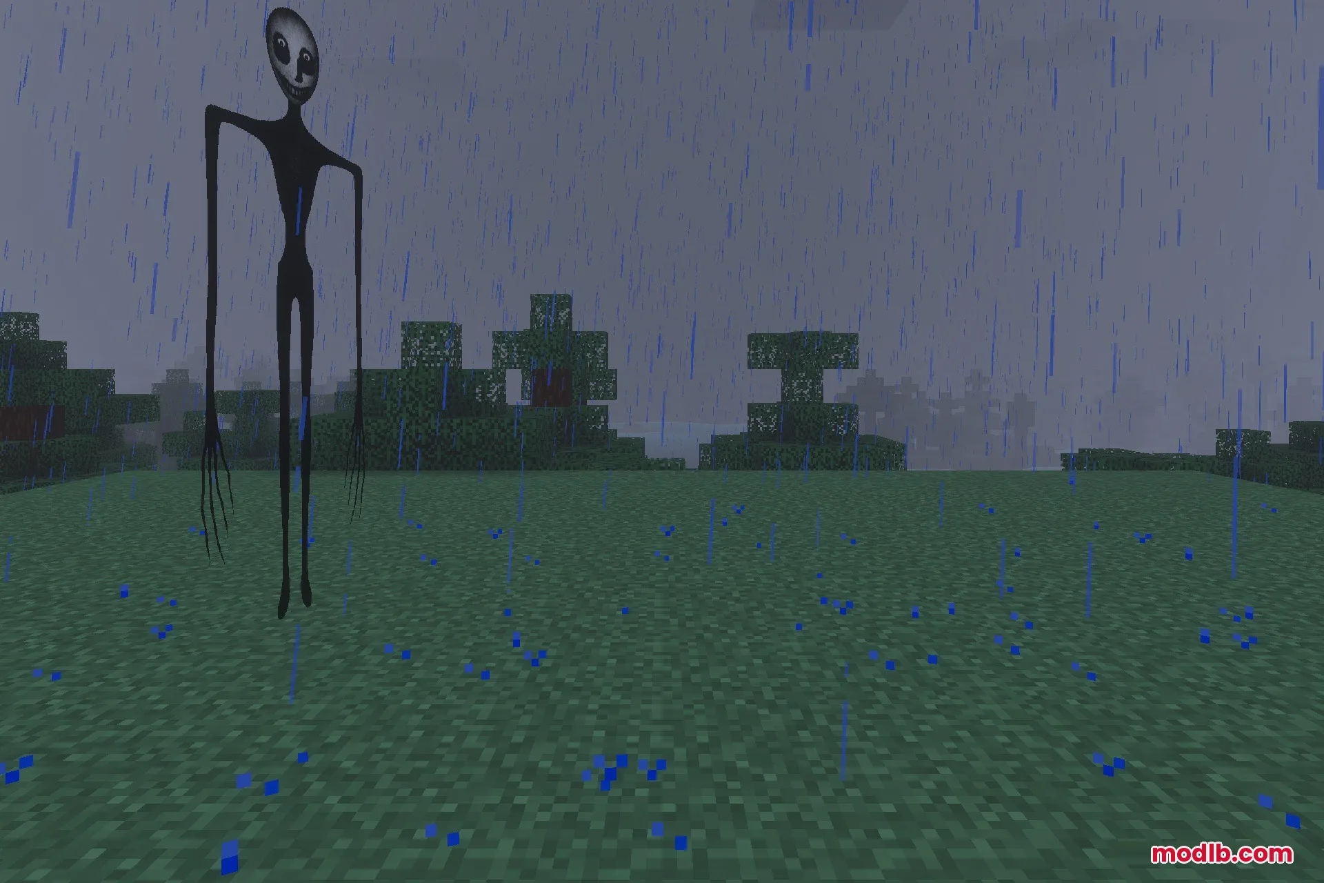 The Twixxel's Stalkers MCBE With Advanced AI Addon Screenshot 1 A tall creepy humanoid stalker with long limbs stands in the pouring rain