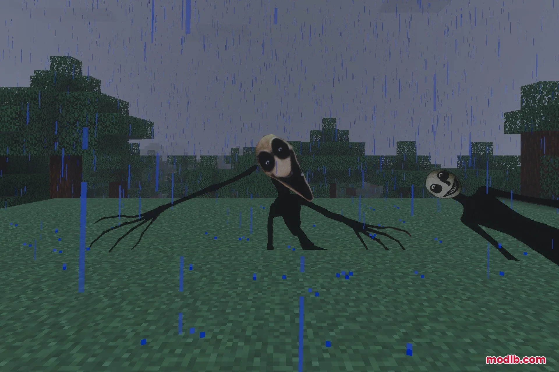 The Twixxel's Stalkers MCBE With Advanced AI Addon Screenshot 2 Two eerie dark entities with distorted faces crawling through a rainy Minecraft field