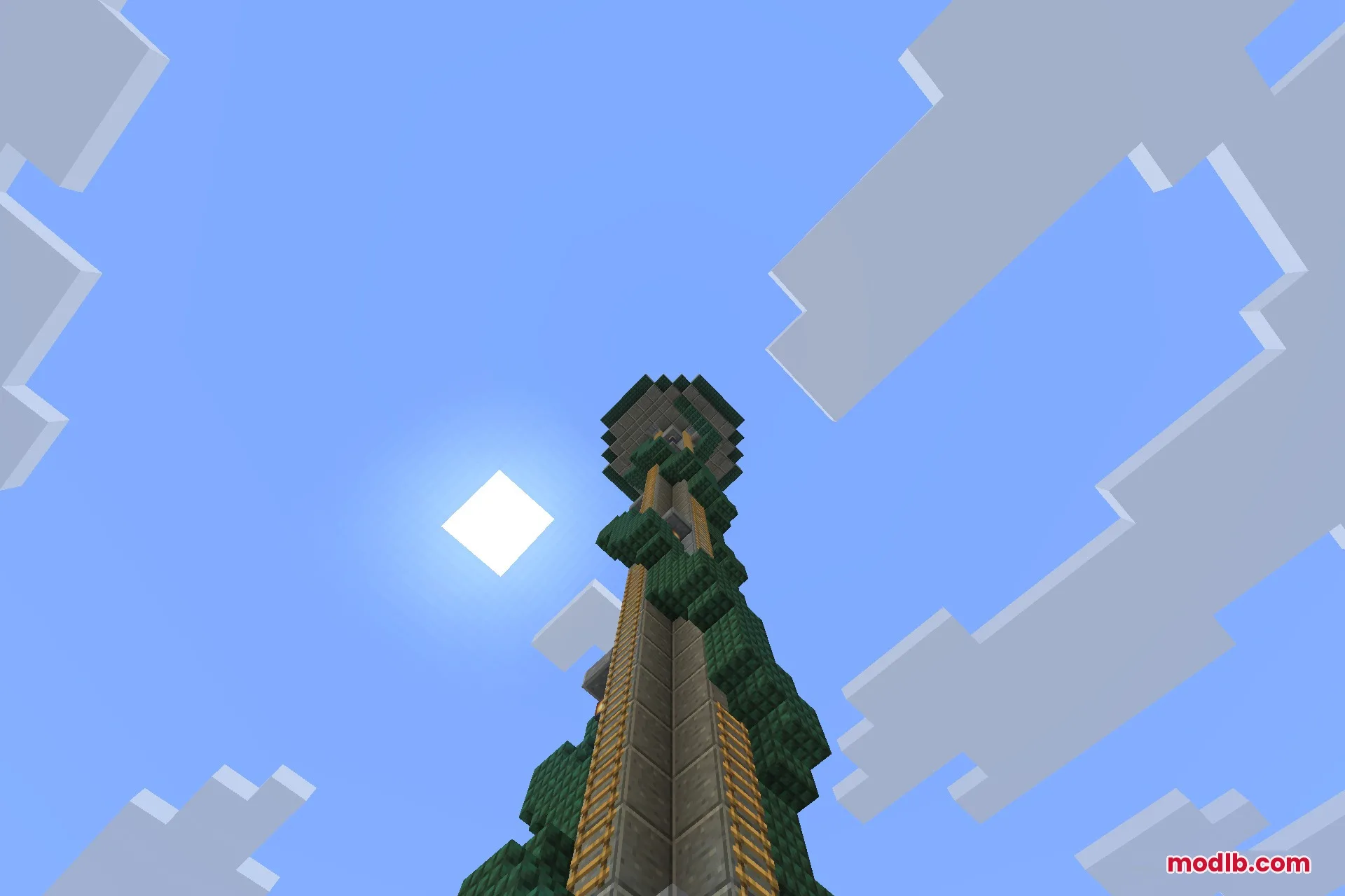 Looking up the outside of a tower to the loot room at the top