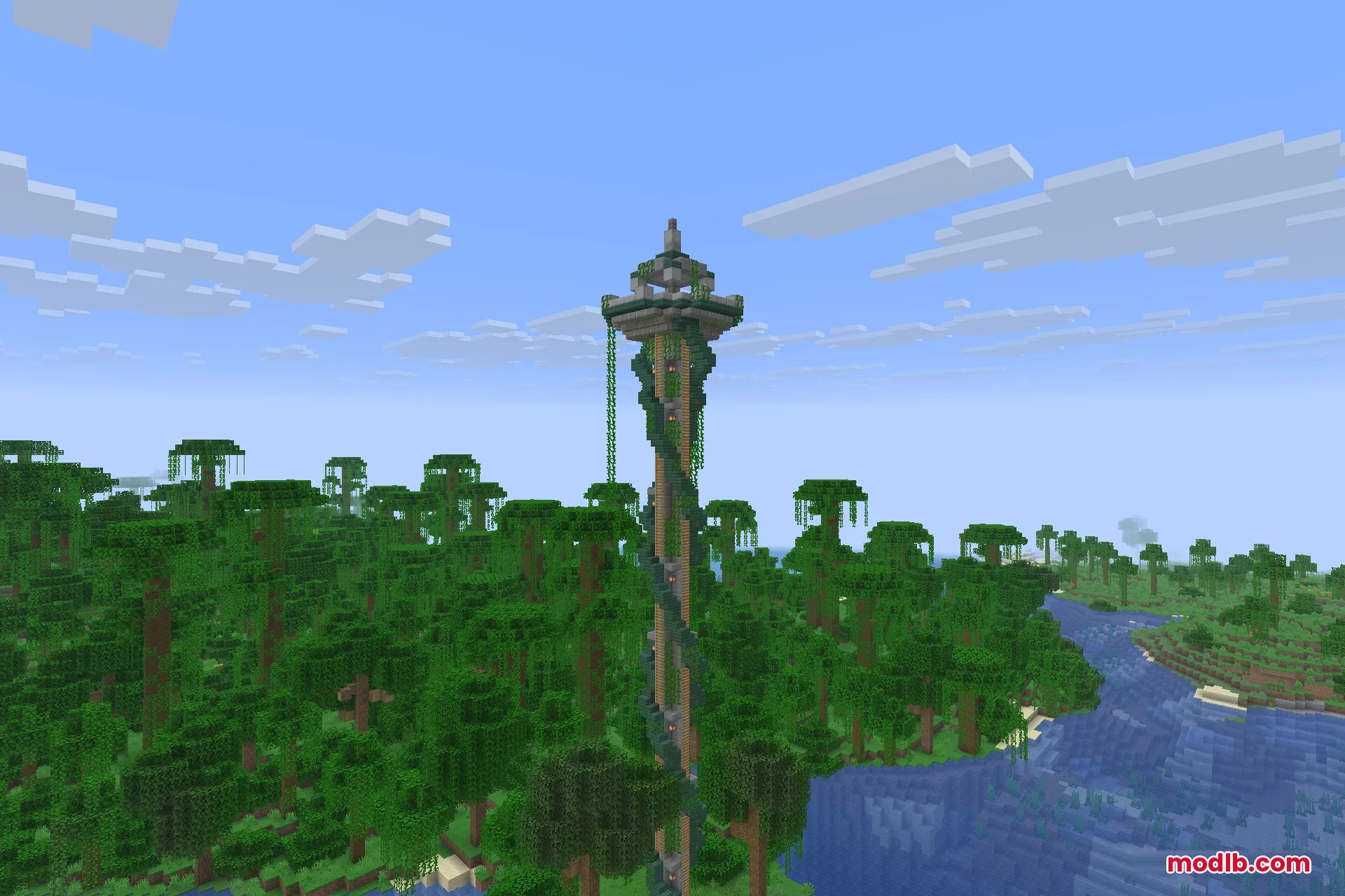 A tower breaking through the jungle canopy