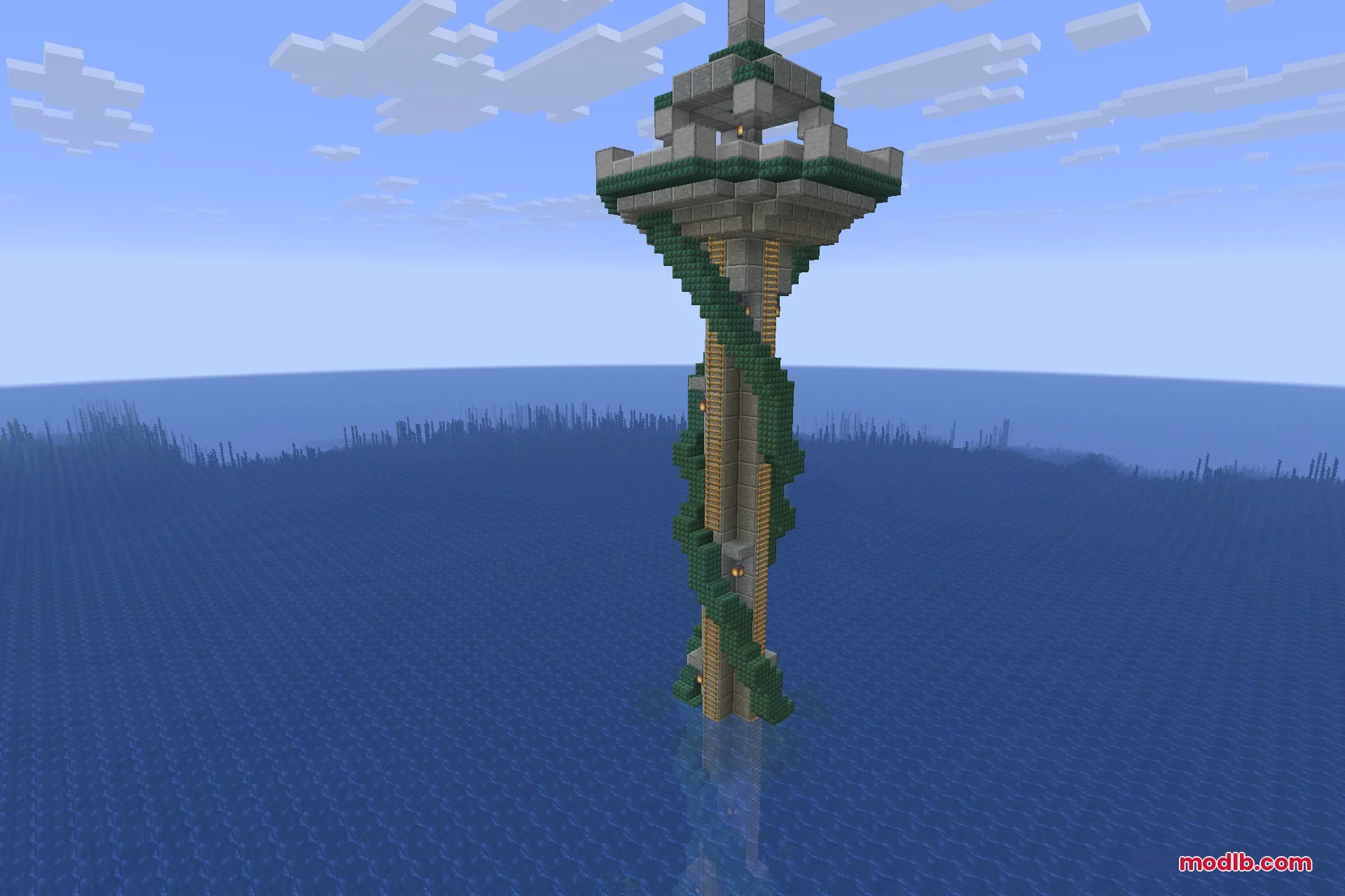 The prismarine ocean tower rising straight out of deep water