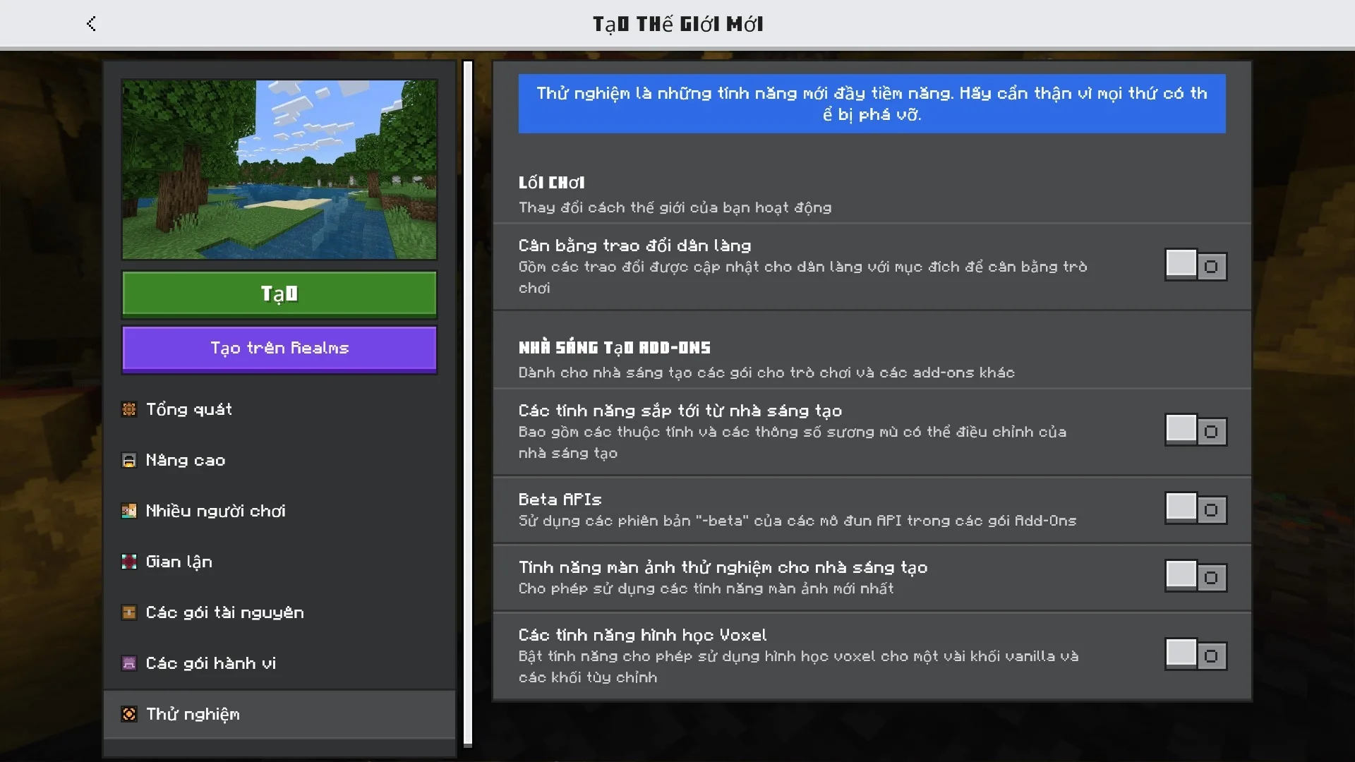 The Ty-el's Vietnamese Language Pack Texture MCPE/Bedrock Texture Pack Screenshot 7 Minecraft world creation menu screen with various settings translated into Vietnamese language