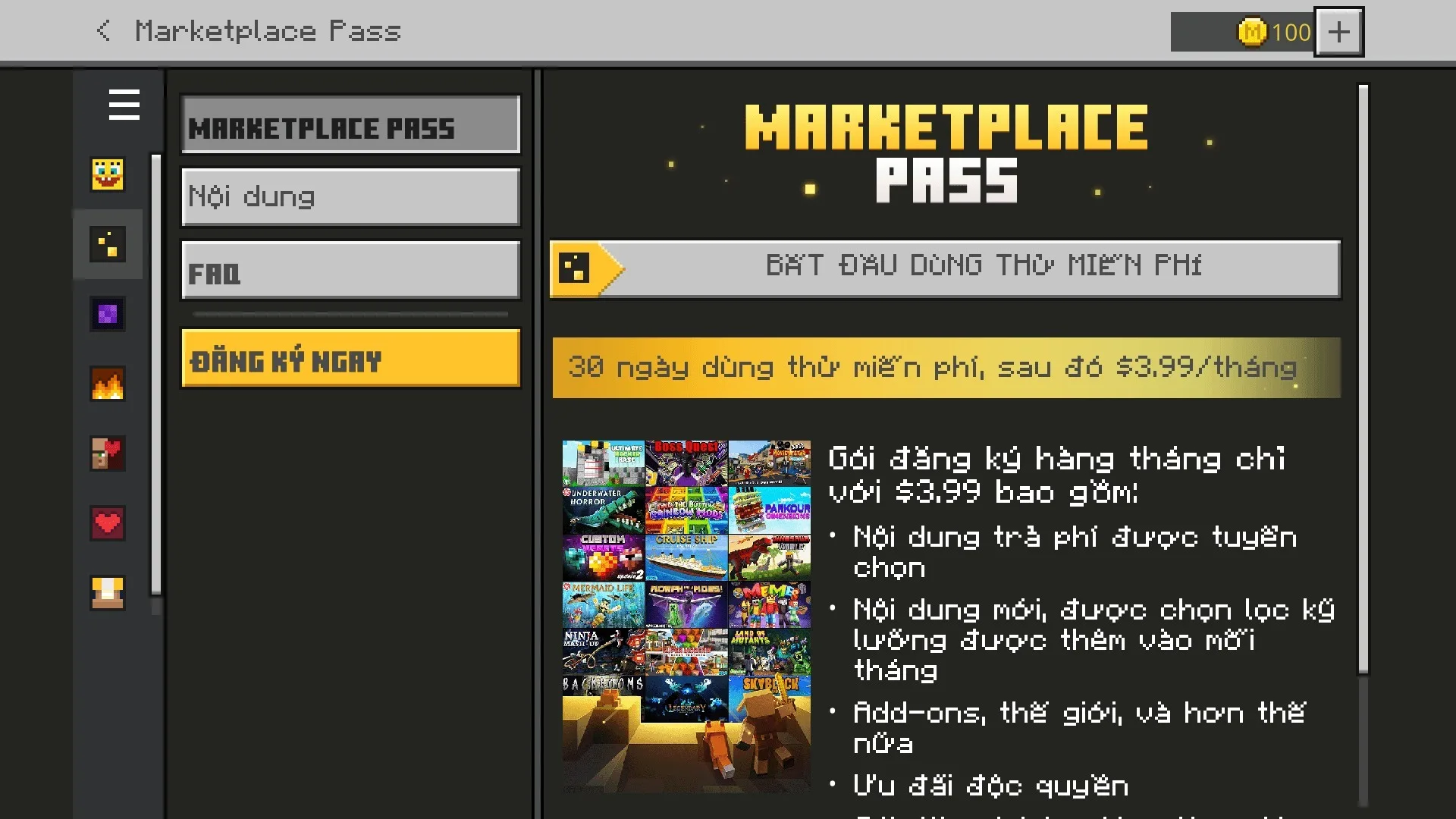 The Ty-el's Vietnamese Language Pack Texture MCPE/Bedrock Texture Pack Screenshot 5 Marketplace Pass menu screen translated into Vietnamese showing subscription details and monthly pricing