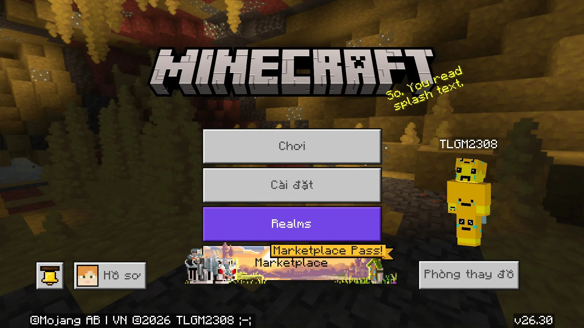 The Ty-el's Vietnamese Language Pack Texture MCPE/Bedrock Texture Pack Screenshot 4 Main menu screen with Vietnamese language translations for play and settings buttons