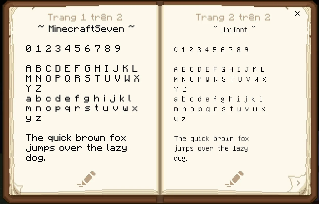 The Ty-el's Vietnamese Language Pack Texture MCPE/Bedrock Texture Pack Screenshot 1 Minecraft book interface displaying various font options for the Vietnamese language pack