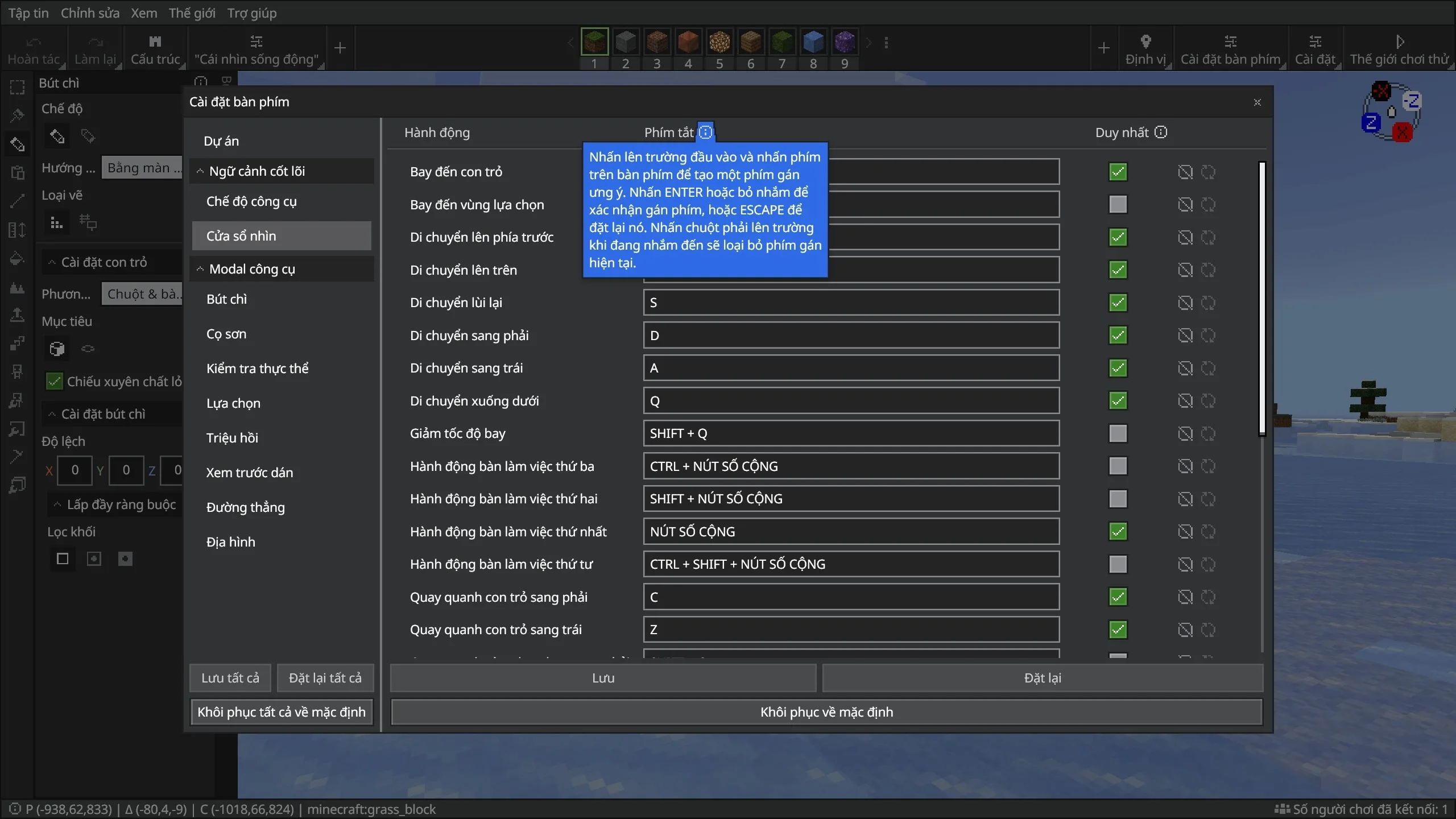 The Ty-el's Vietnamese Language Pack Texture MCPE/Bedrock Texture Pack Screenshot 8 Keyboard settings menu showing game controls and instructions translated into Vietnamese language
