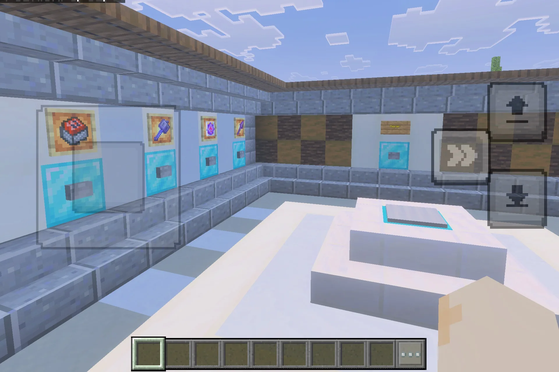 Item frames display different combat loadouts including TNT and various weapons