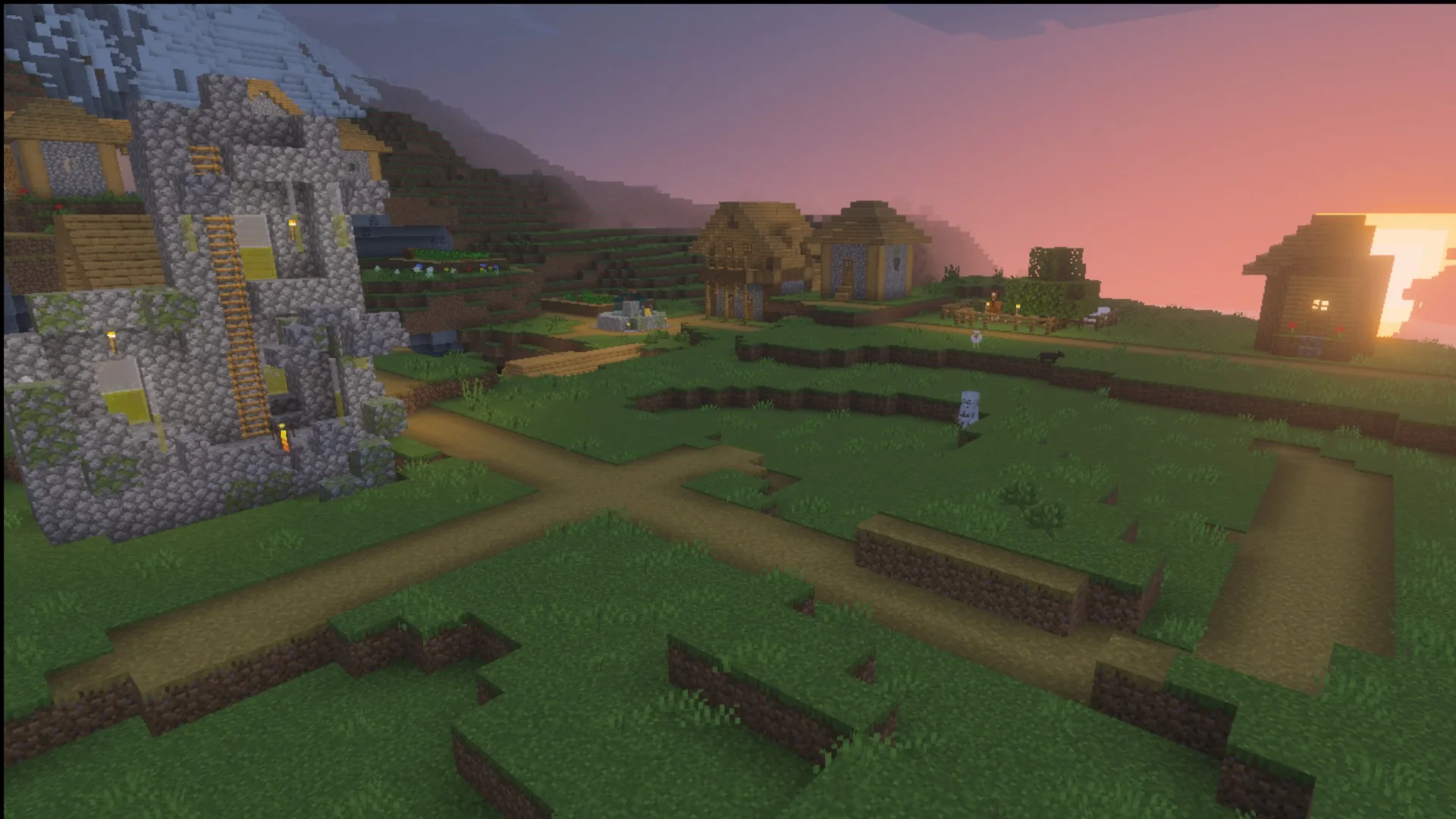 Ultimate Survival Texture Pack Screenshot 1 A survival village with houses, animals and pathways textured by the Ultimate Survival pack