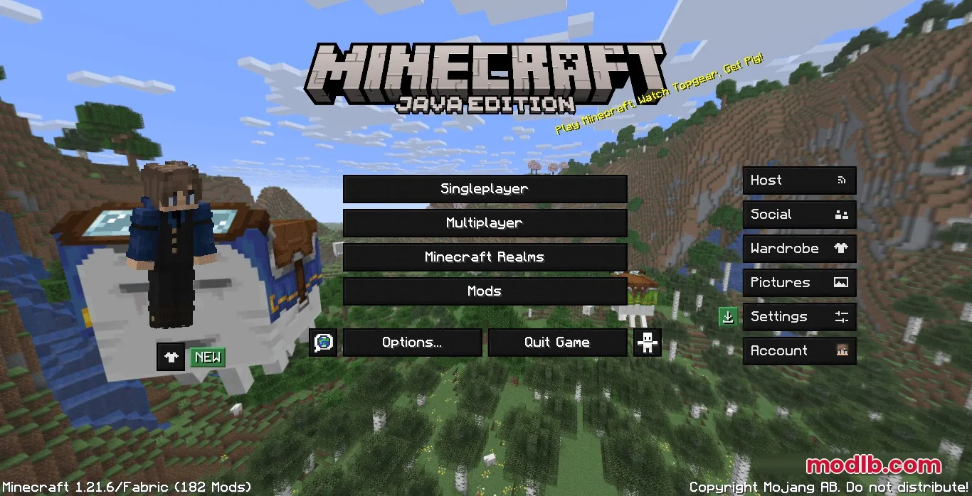 Minecraft main menu screen with a dark theme and a character on left