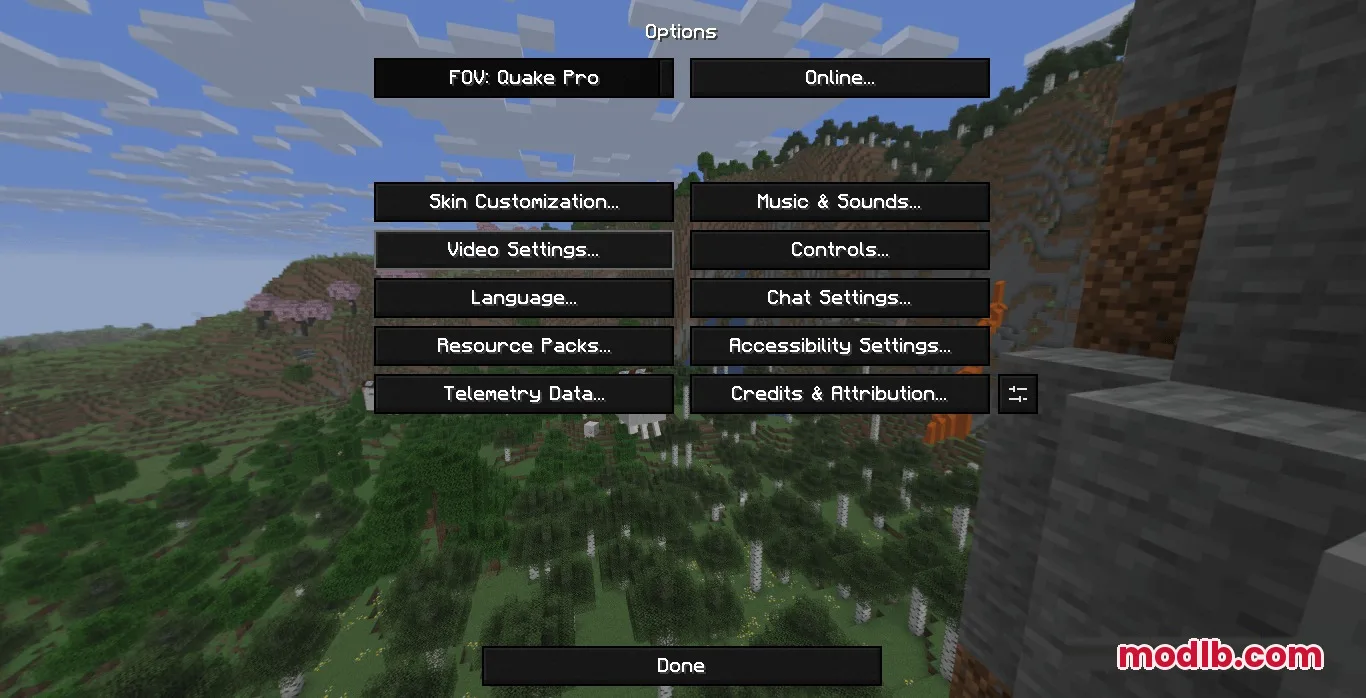 The Minecraft options menu features dark buttons against a scenic landscape background