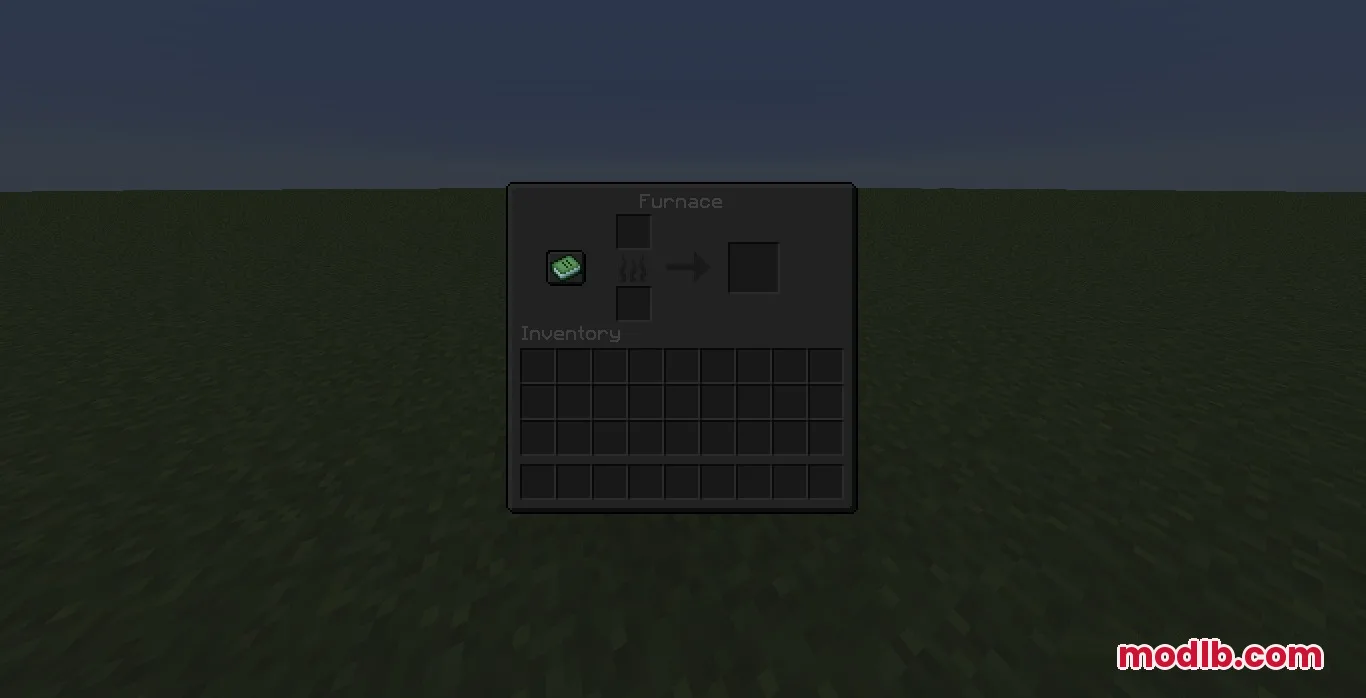 Dark mode furnace interface with a green recipe book and empty slots