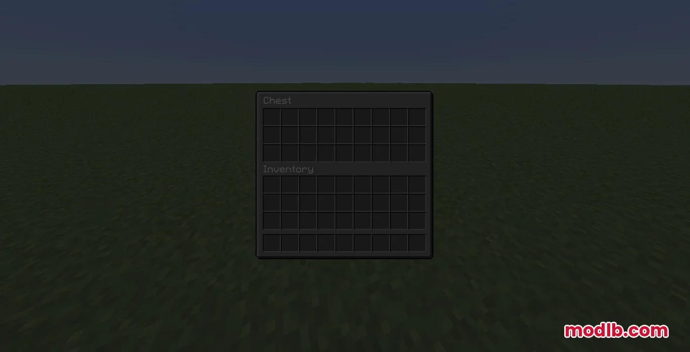 Minimalist dark themed chest interface showing empty storage slots and player inventory