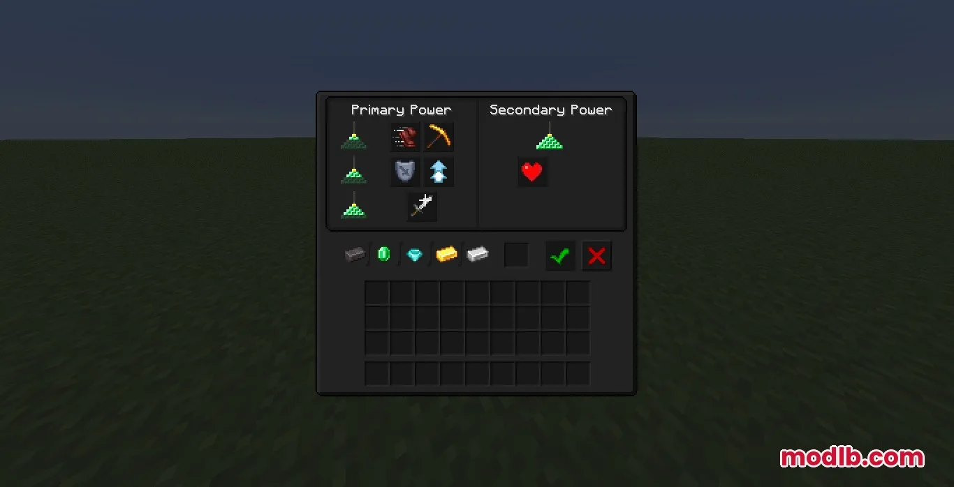 The beacon interface displays a dark layout for selecting primary and secondary powers