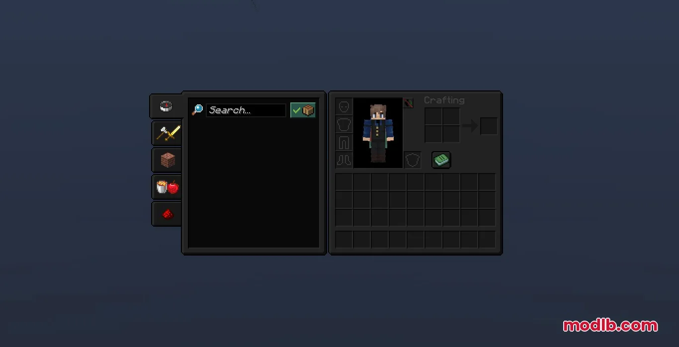Sleek dark themed Minecraft inventory screen with a character model and recipe book