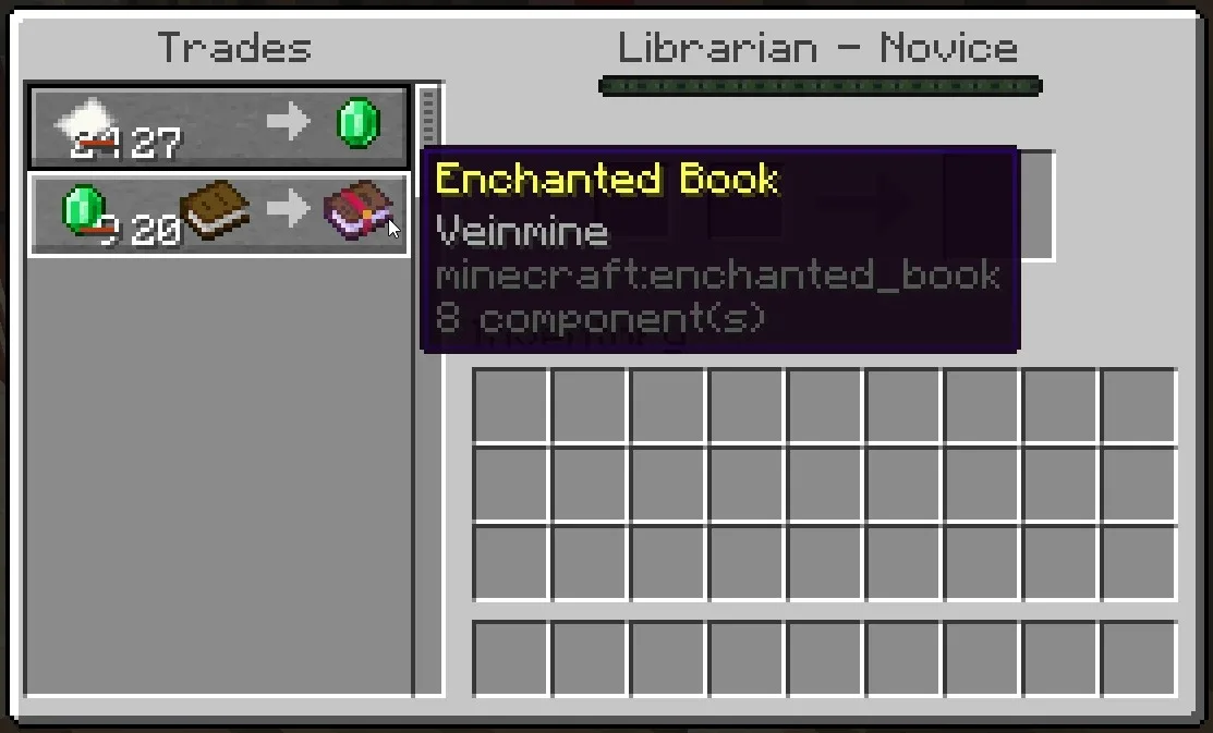 Vein Miner Enchantment Data Pack Screenshot 2 Librarian villager trading interface offering a Veinmine enchanted book for emeralds