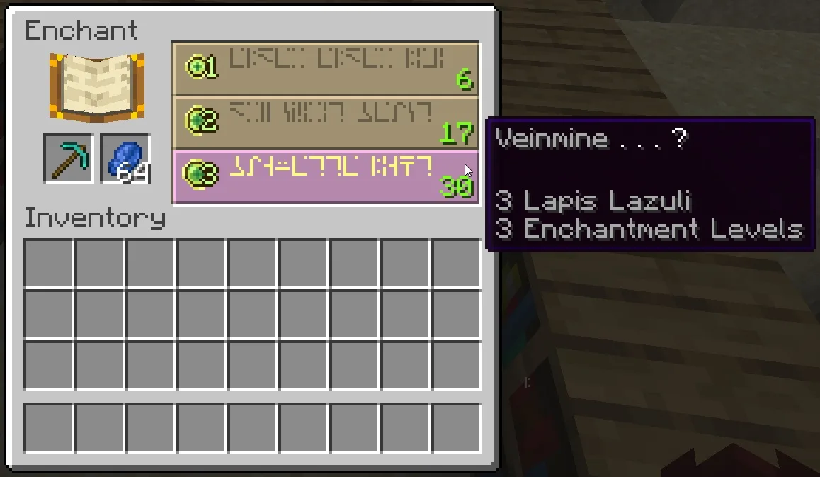 Vein Miner Enchantment Data Pack Screenshot 1 Enchanting table interface showing the Veinmine enchantment option for a diamond pickaxe