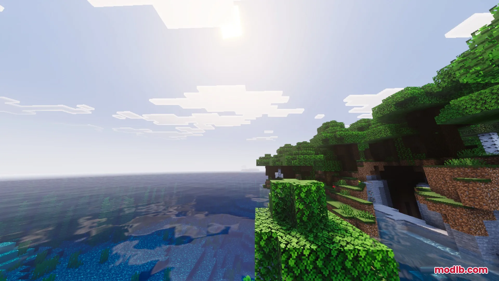 Vibrant Legacy L Espace Shader Screenshot 2 Lush green trees on a cliff overlooking a bright blue ocean in Minecraft