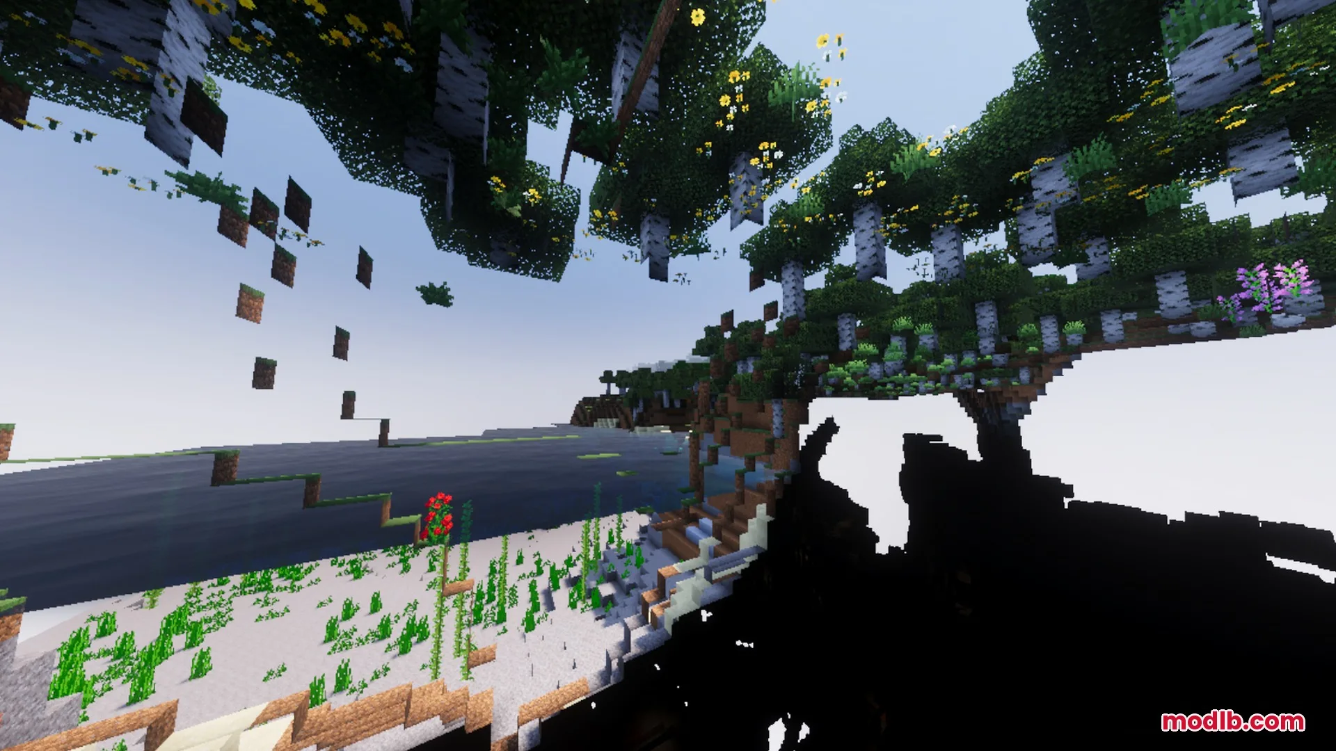 Vibrant Legacy L Espace Shader Screenshot 4 Lush birch trees and flowers grow on floating Minecraft islands over water
