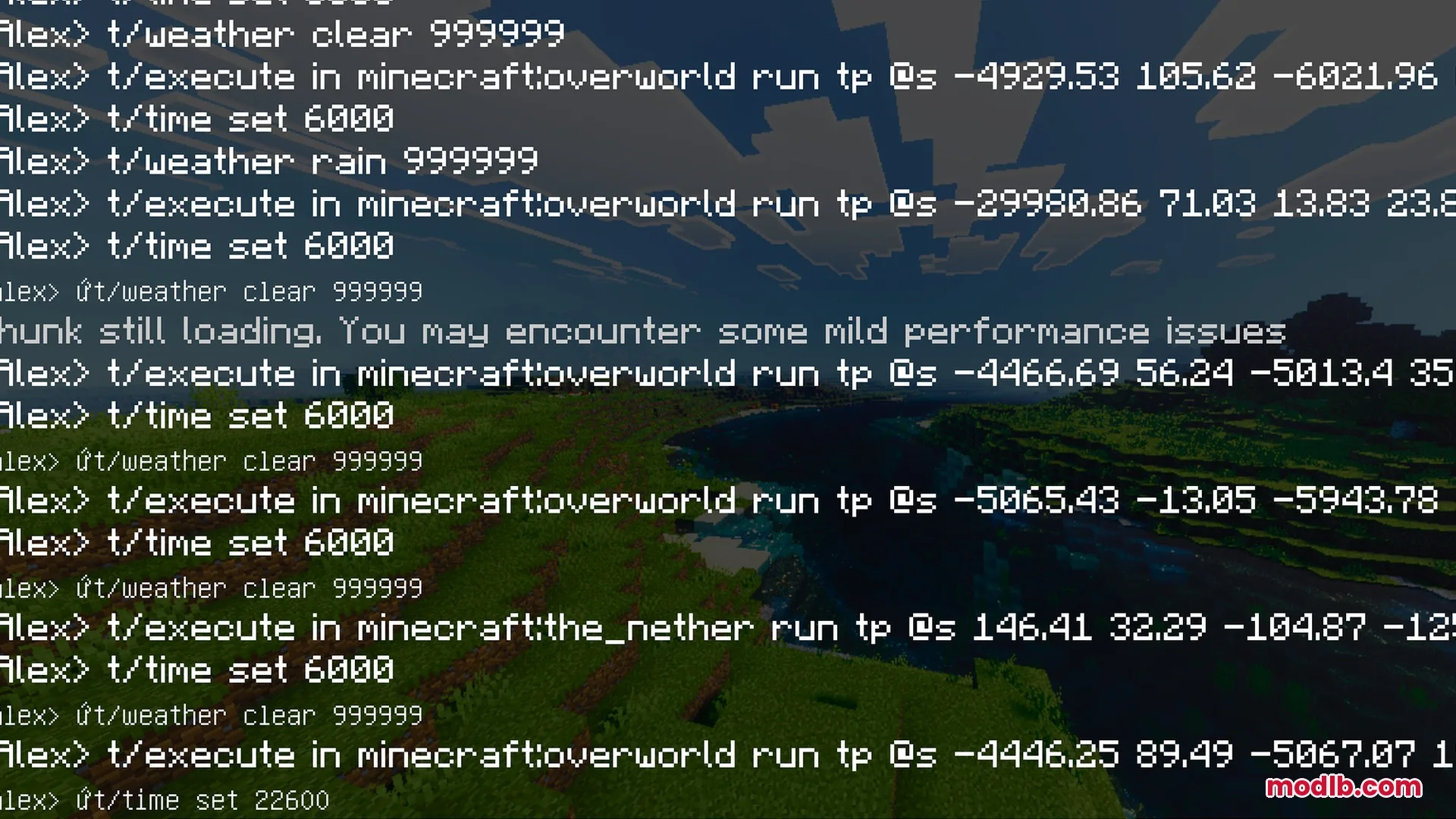 Vibrant Rtx Visuals Shader Screenshot 5 Minecraft chat log showing teleport and weather commands over a green valley