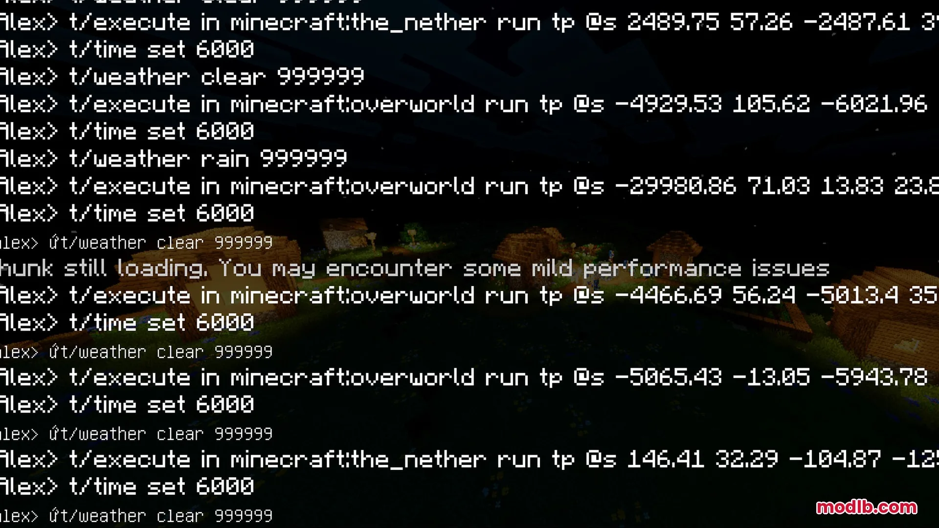 Vibrant Rtx Visuals Shader Screenshot 4 Minecraft chat log showing teleport and weather commands over a vibrant village