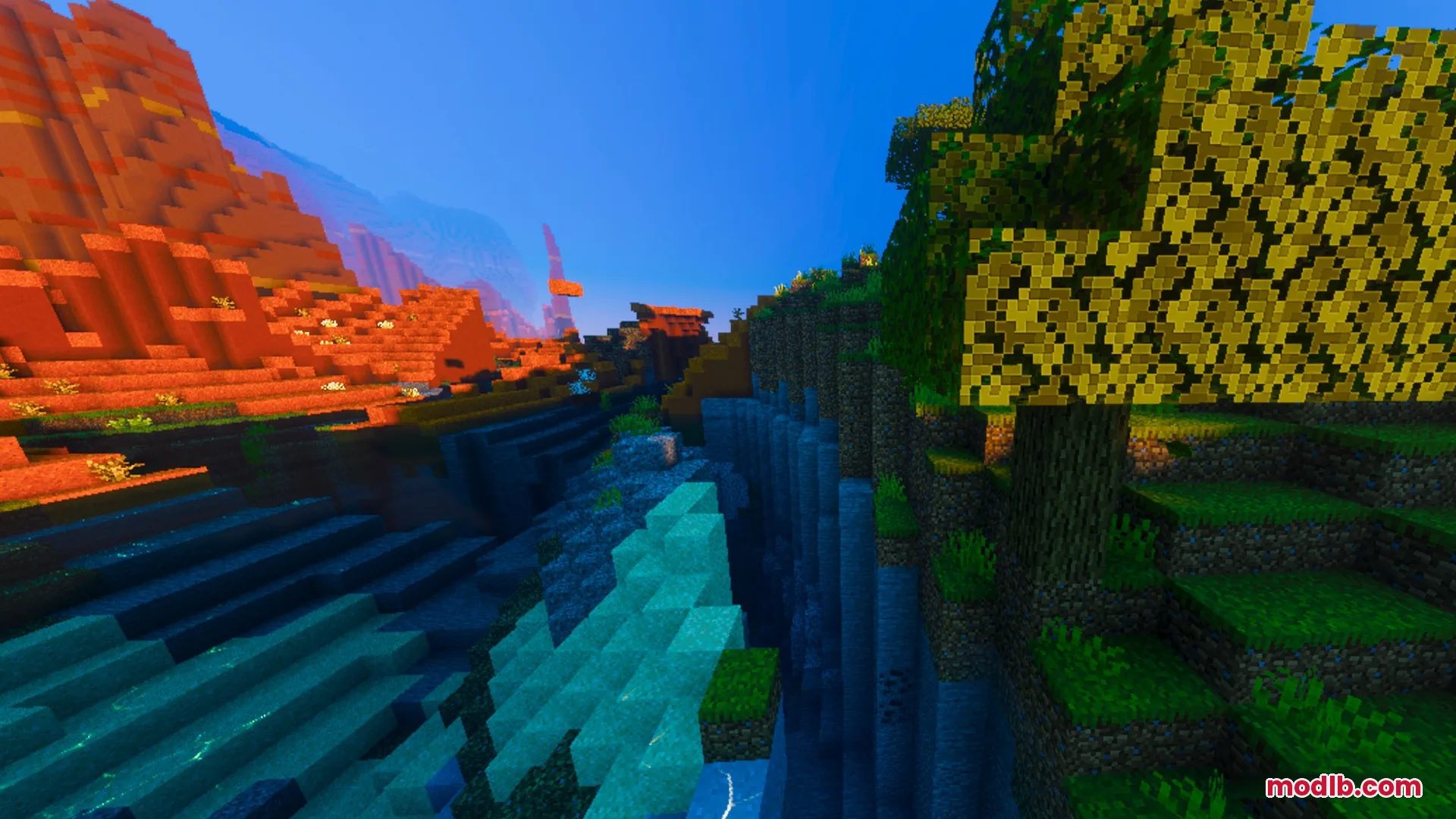 Vibrant Rtx Visuals Shader Screenshot 9 A colorful Minecraft landscape with red mesa mountains and green forest trees