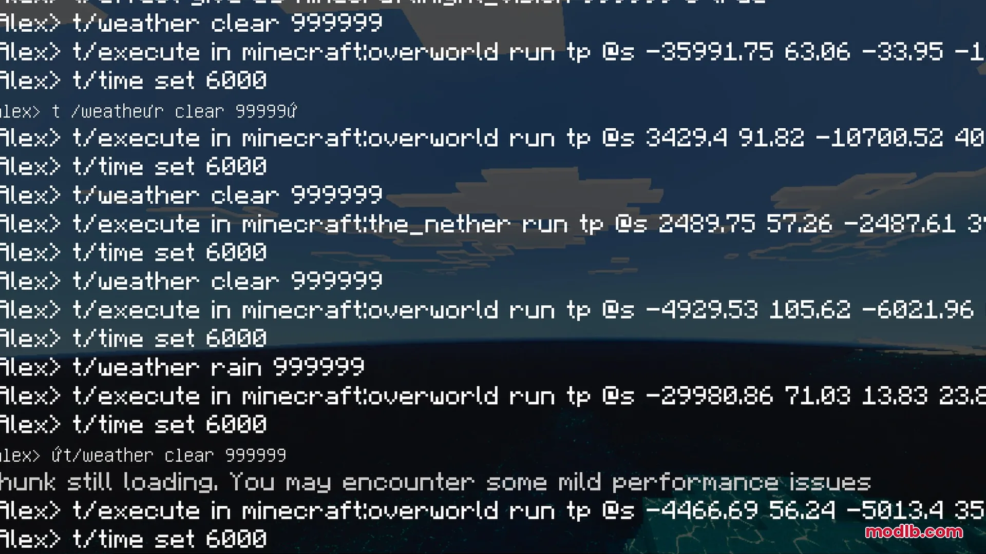 Vibrant Rtx Visuals Shader Screenshot 1 Minecraft chat screen showing teleportation and weather commands over a dark background