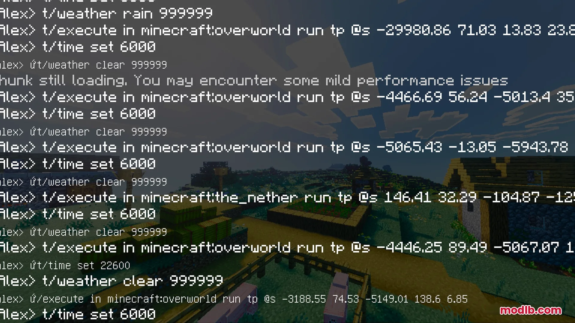 Vibrant Rtx Visuals Shader Screenshot 6 Chat commands displayed over a village with vibrant grass and clear blue sky
