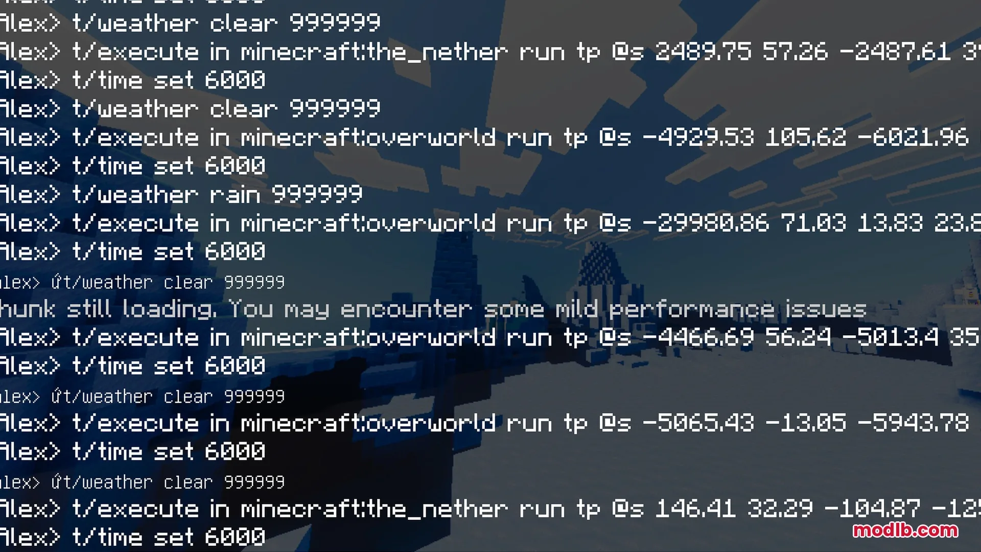 Vibrant Rtx Visuals Shader Screenshot 3 Minecraft chat log showing teleport and weather commands over a dark landscape