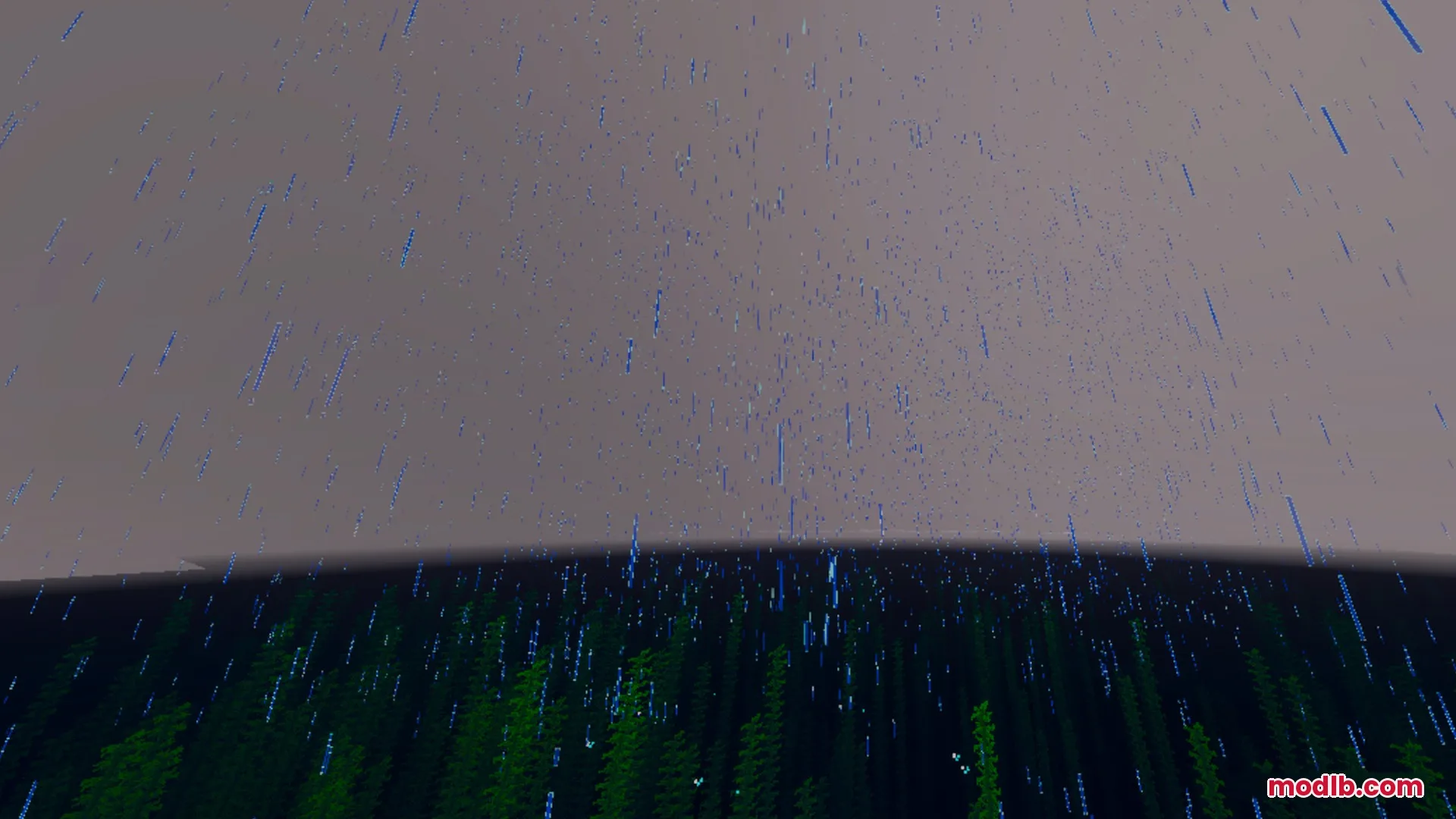 Vibrant Rtx Visuals Shader Screenshot 10 Heavy blue rain falling over a dark green forest in Minecraft