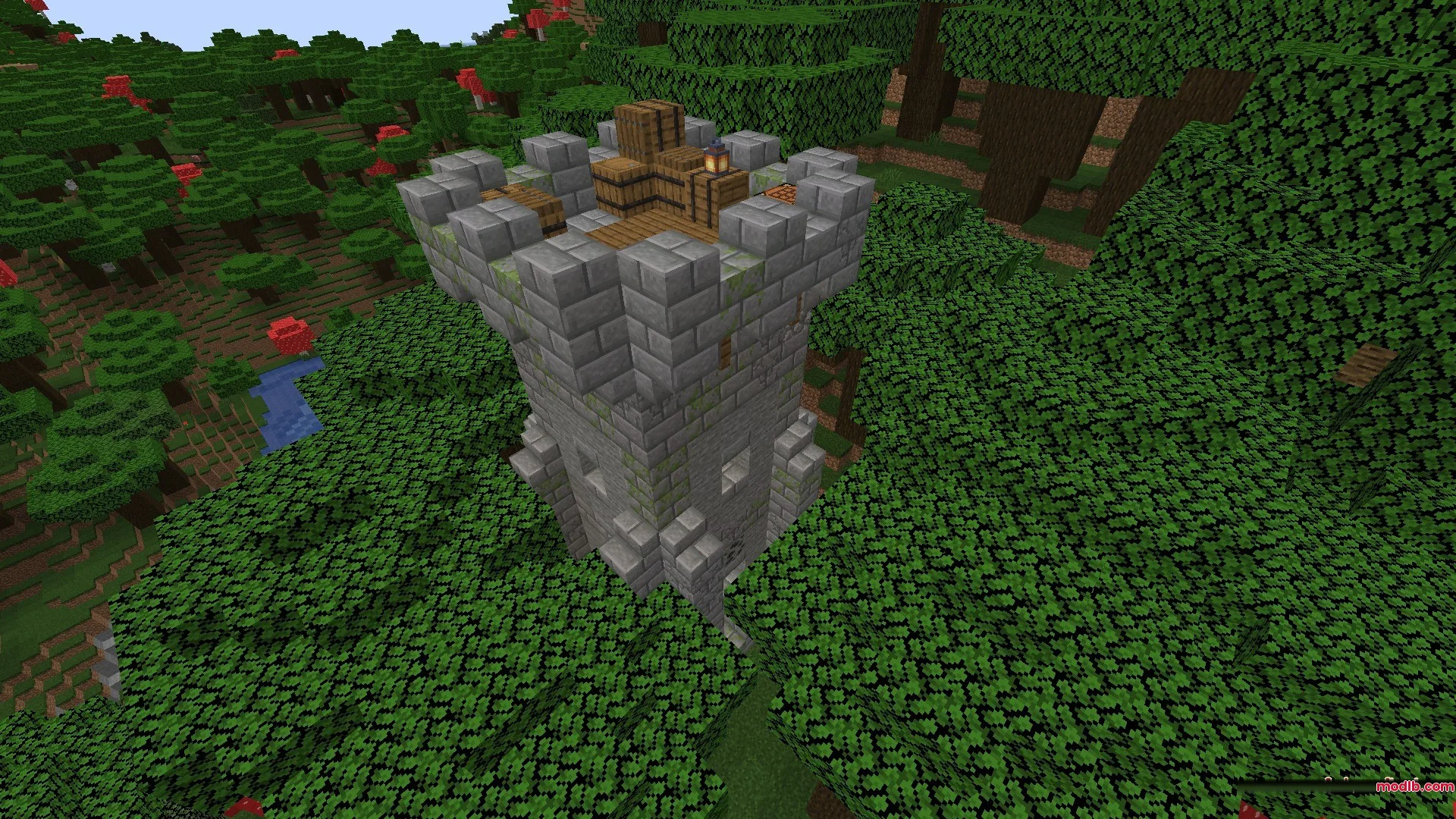 Vista Lore Bound Data Pack Screenshot 6 A small stone watchtower with barrels on top overlooking a dense forest