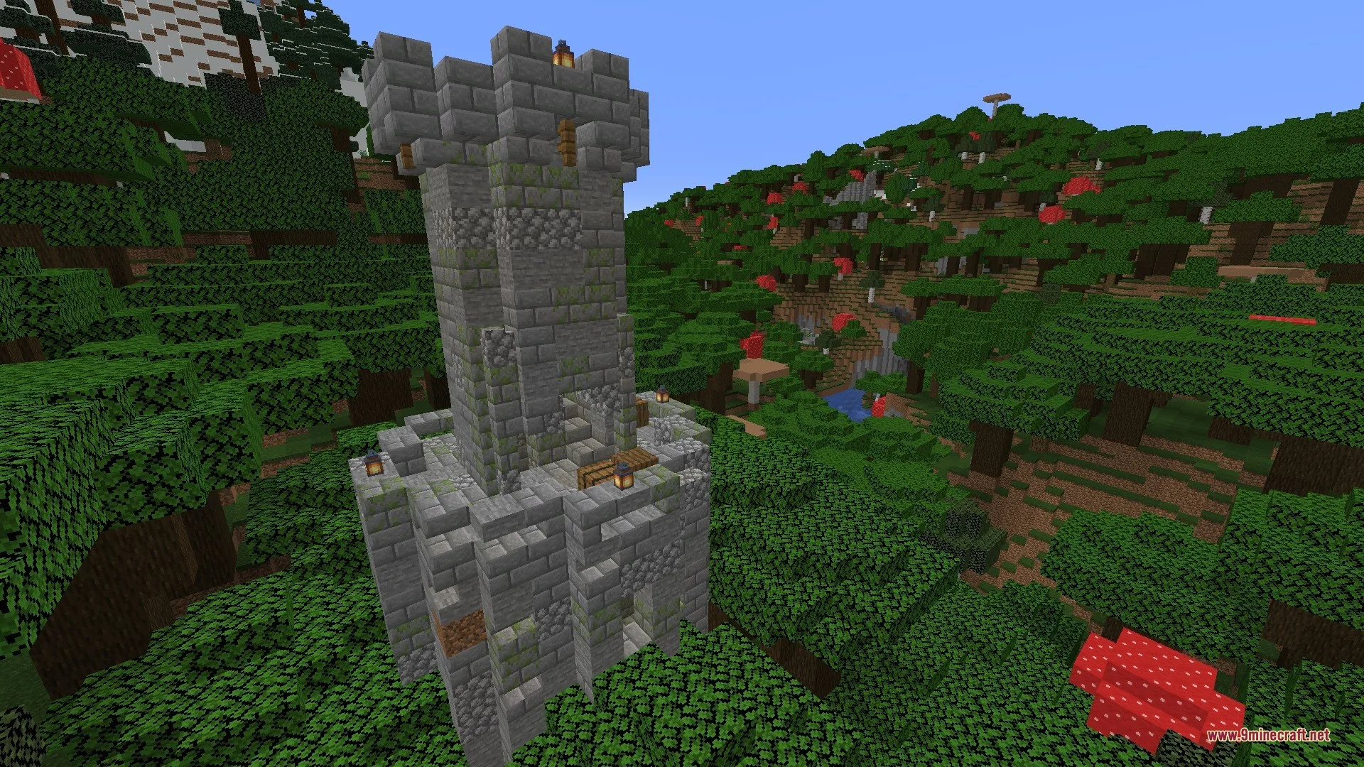 Vista Lore Bound Data Pack Screenshot 8 An ancient stone tower overlooks a dark forest filled with giant red mushrooms