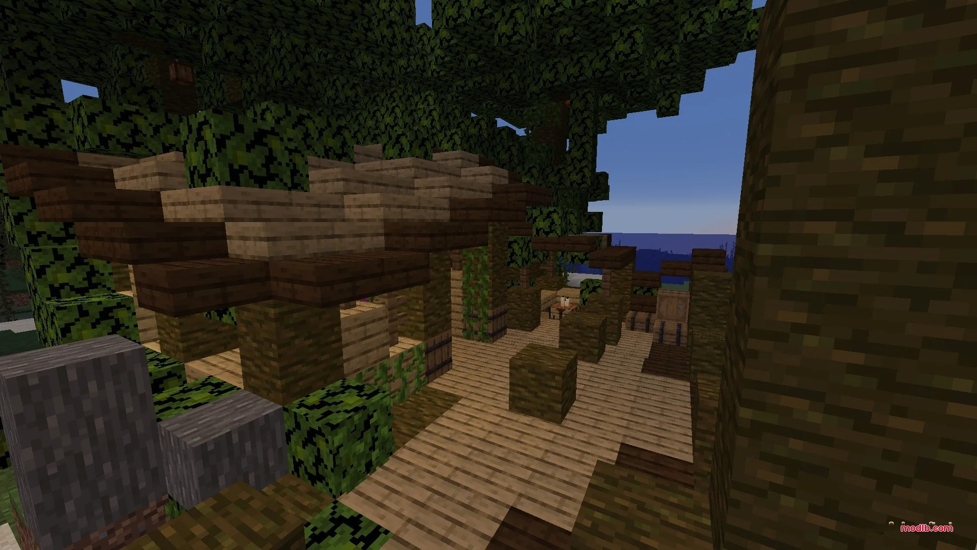 Vista Lore Bound Data Pack Screenshot 3 Detailed wooden structure with a layered roof built inside a dense forest