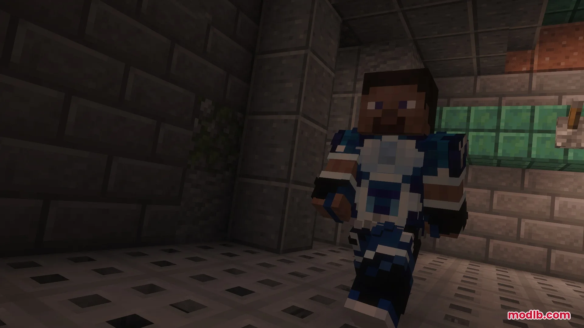 Vought Reborn Mod Screenshot 4 A Minecraft player wearing an A Train superhero suit walks through a corridor