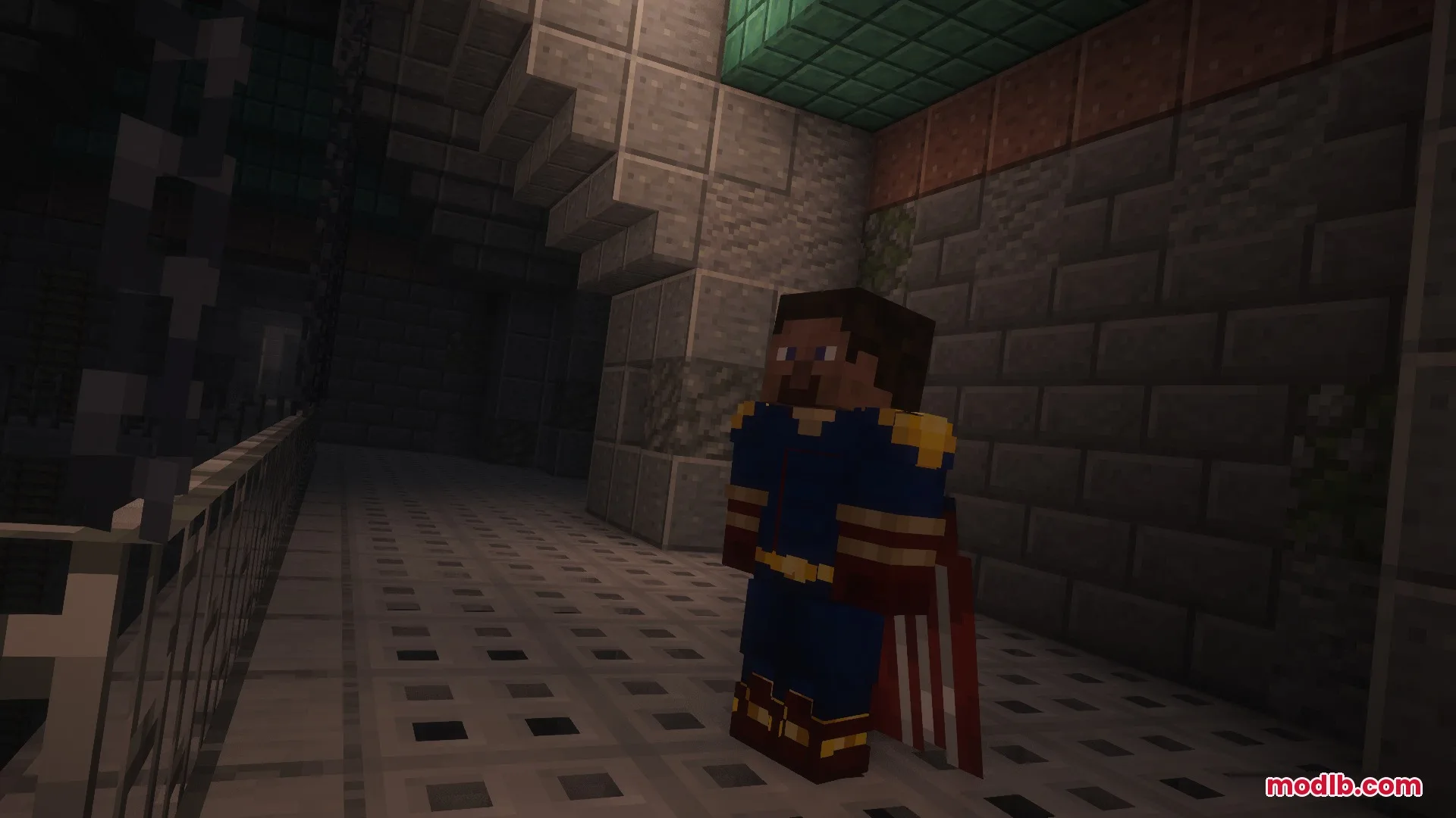 Vought Reborn Mod Screenshot 3 A Minecraft player wearing a Homelander superhero suit stands in a dark hallway