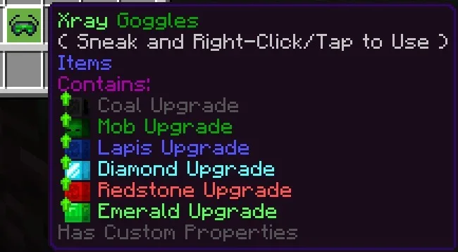 Tooltip for Xray Goggles item showing various resource and mob detection upgrades