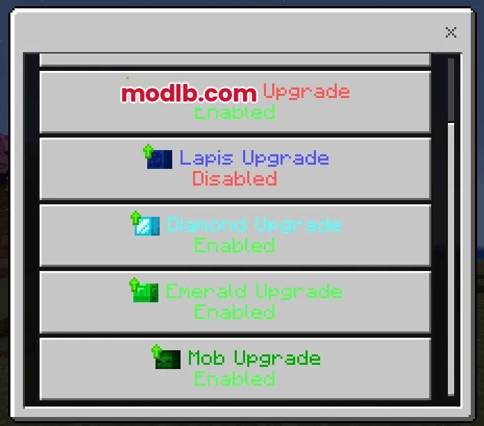 Configuration menu used to toggle different resource and mob detection upgrades