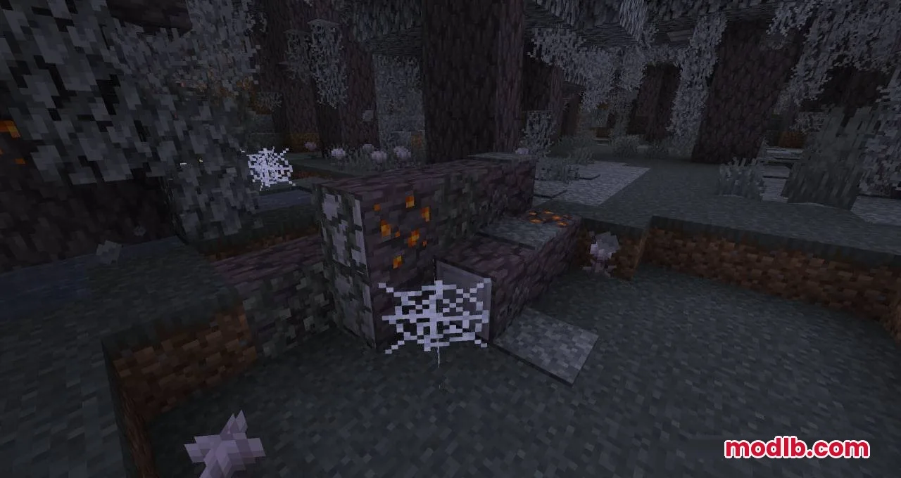 Small log structure with glowing resin ore and cobwebs in the Pale Garden