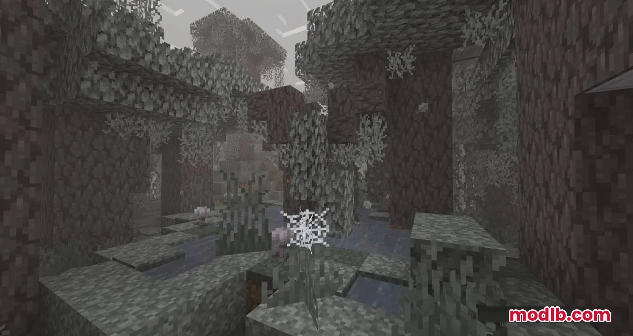 A misty Pale Garden forest featuring small decorative structures and hanging cobwebs