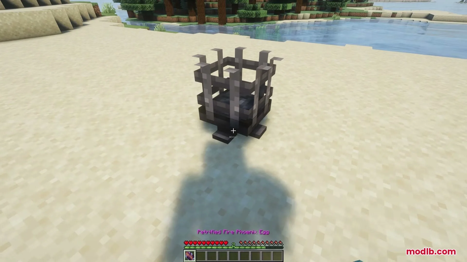 Wings of Fire by RipleysMods Mod Screenshot 5 Petrified Fire Phoenix Egg placed inside an Inferno Cradle on a sandy beach