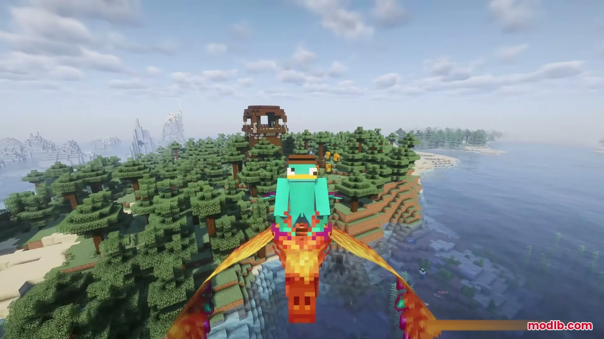 Wings of Fire by RipleysMods Mod Screenshot 2 Front view of a player riding a phoenix over a lush forest biome