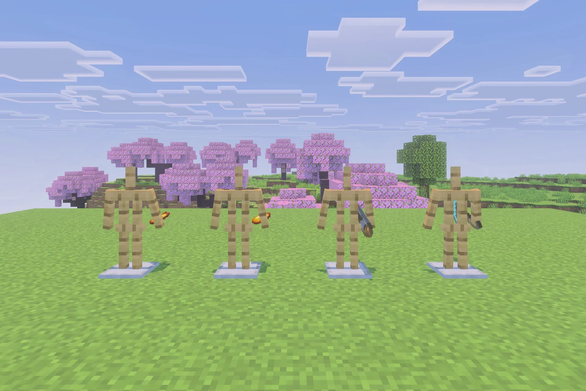Armor stands showcasing detailed 3D item models in a cherry blossom biome