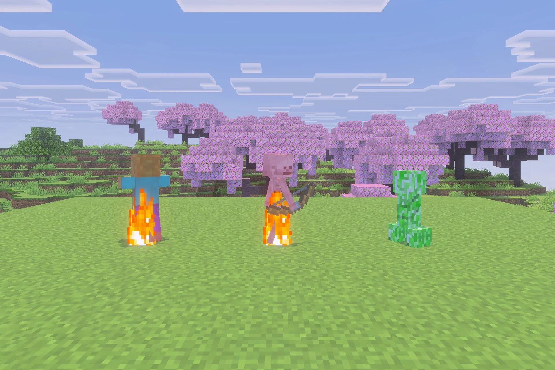 Burning zombie and skeleton standing next to a creeper in the sunlight