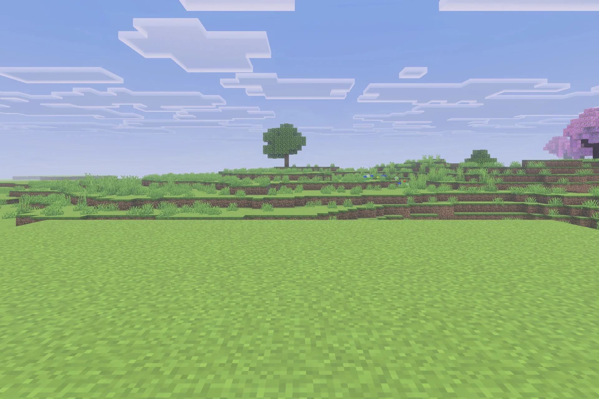 A vast green Minecraft landscape featuring a single tree under a cloudy sky
