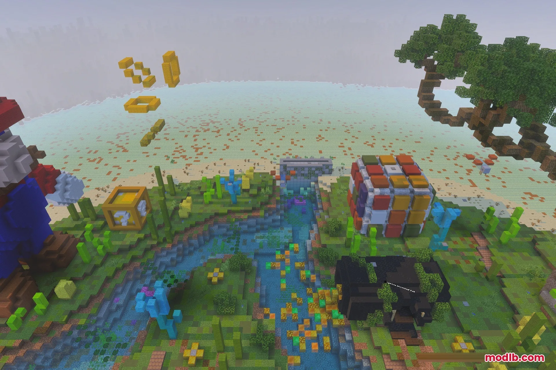 Floating gold coins and a giant puzzle cube in a Minecraft mini game