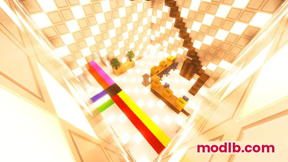 Yog Mod Screenshot 2 Laboratory interior featuring custom computer monitors and bright glowing wall blocks
