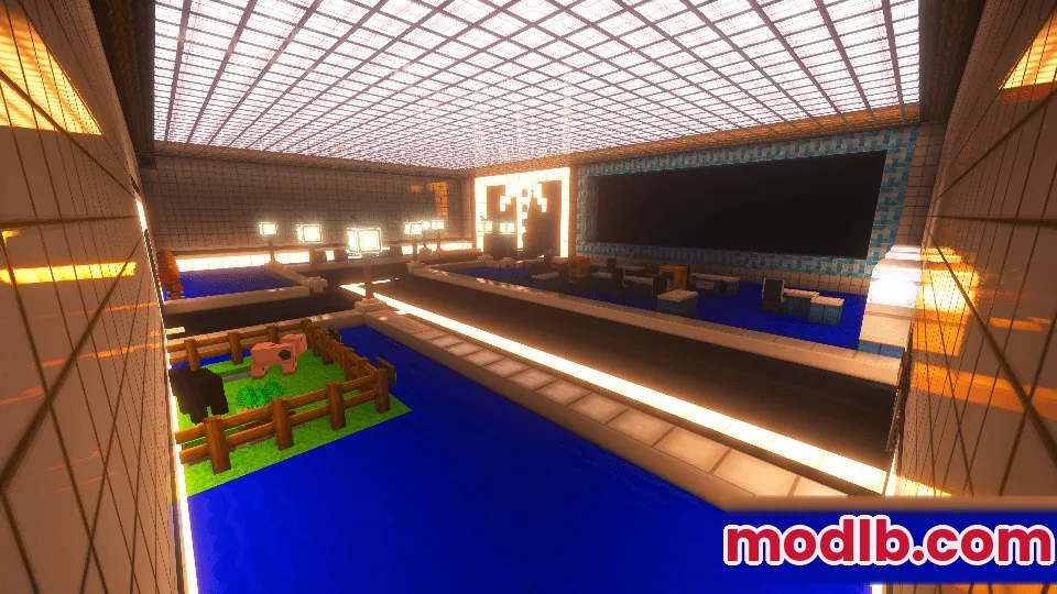 Yog Mod Screenshot 5 Large laboratory room built with custom glowing ceiling blocks and blue flooring