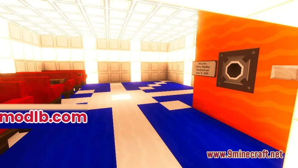 Yog Mod Screenshot 1 Modern break room with red booths and a wall mounted coffee machine