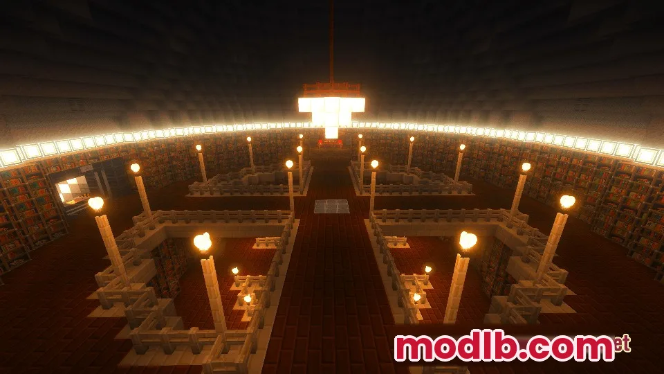 Yog Mod Screenshot 8 Spacious circular library featuring rows of bookshelves and bright glowing lamps